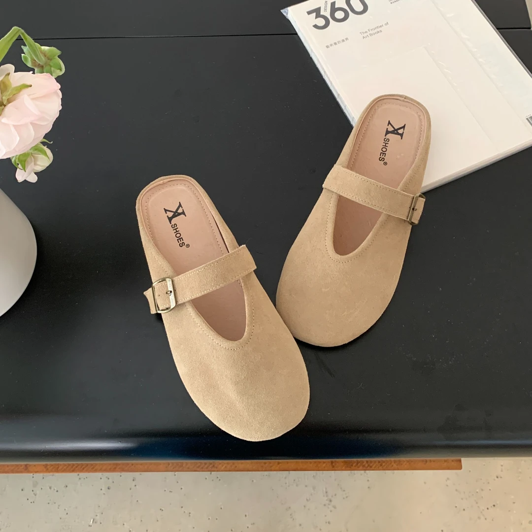 复古反绒皮材质女外穿夏季平底包头一字扣休闲时尚百搭勃肯半拖鞋