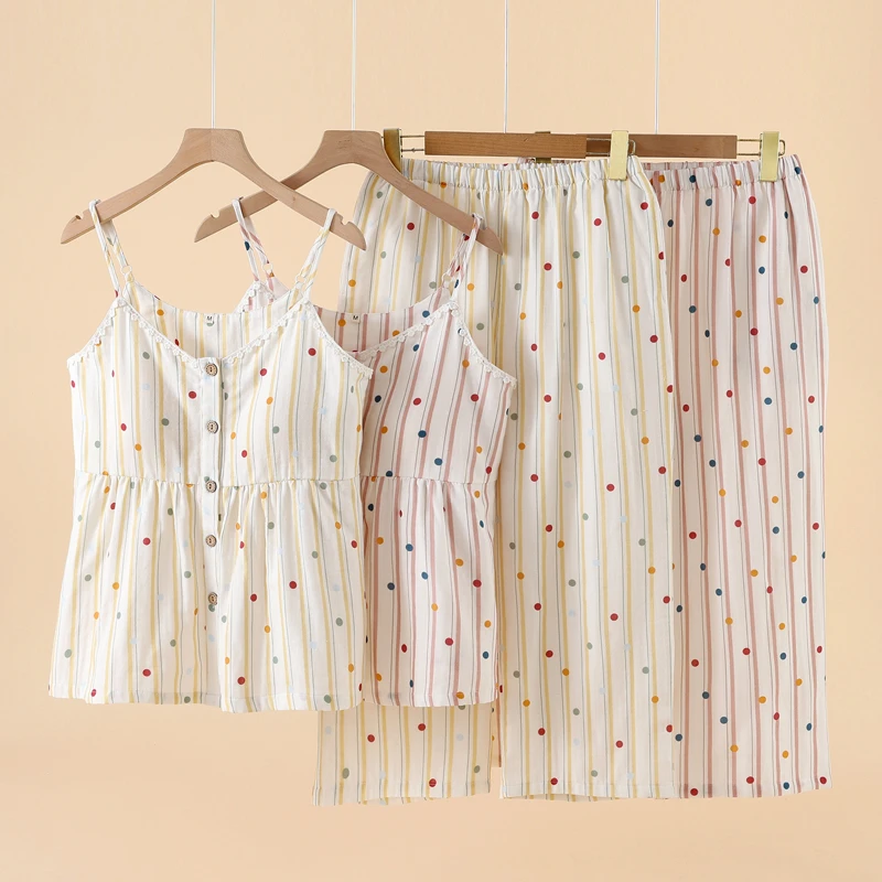 【维多利亚VICTORIA】夏季甜美少女风纯棉双层纱布吊带八分裤带胸