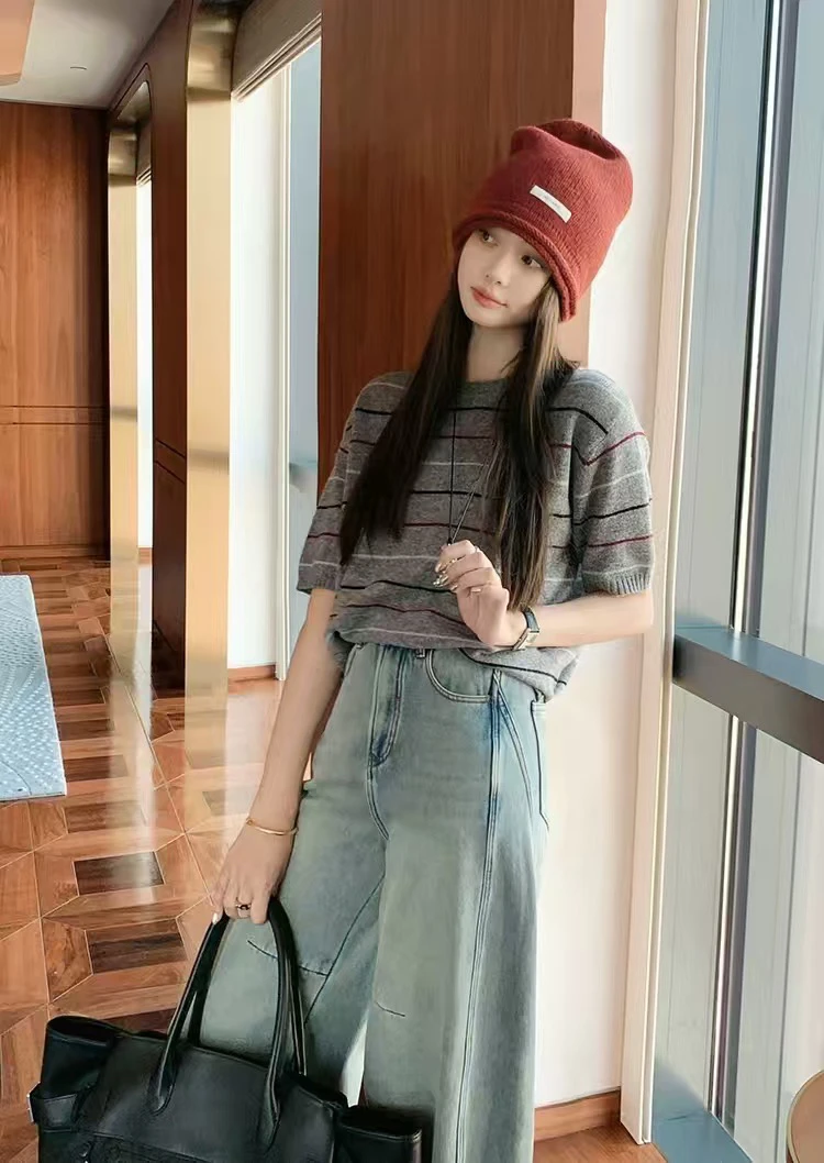 CT春季条纹羊绒短袖