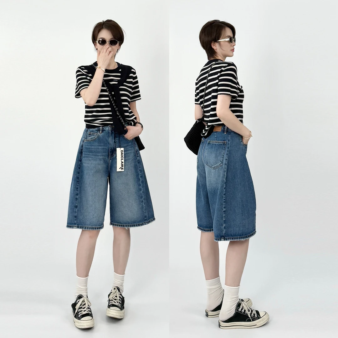 金靖款气球裤中裤代嘉儿牛仔裤2025夏季薄款高腰五分阔腿裤99601