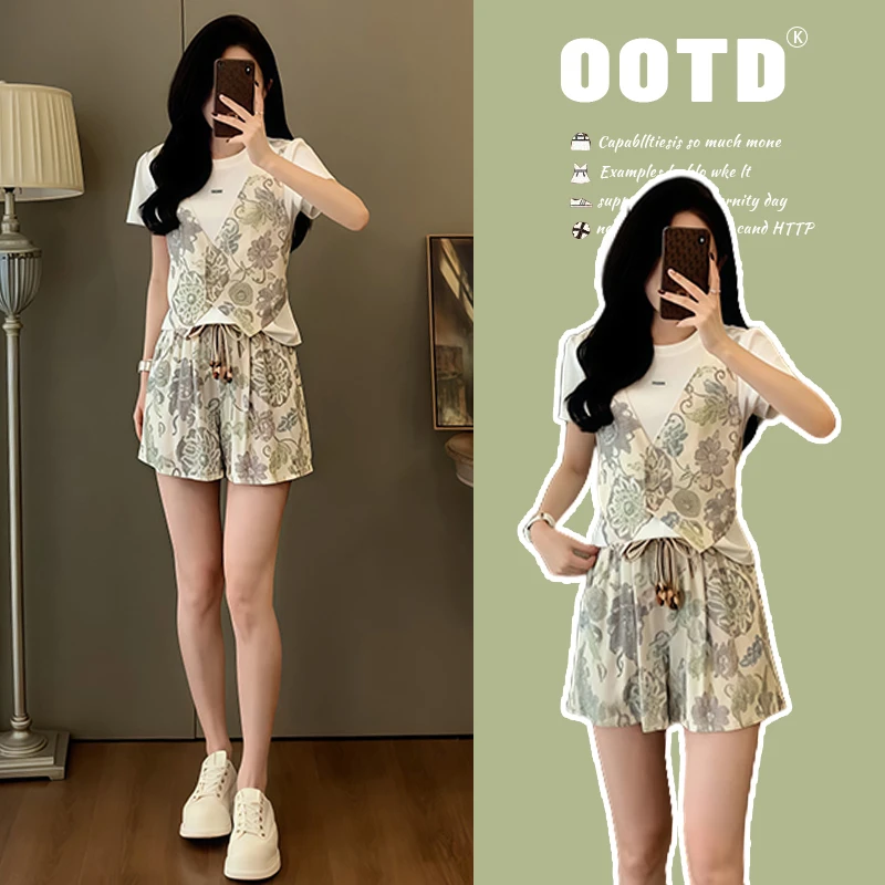 休闲复古设计感套装女2025年夏季新款减龄气质短袖上衣短裤两件套