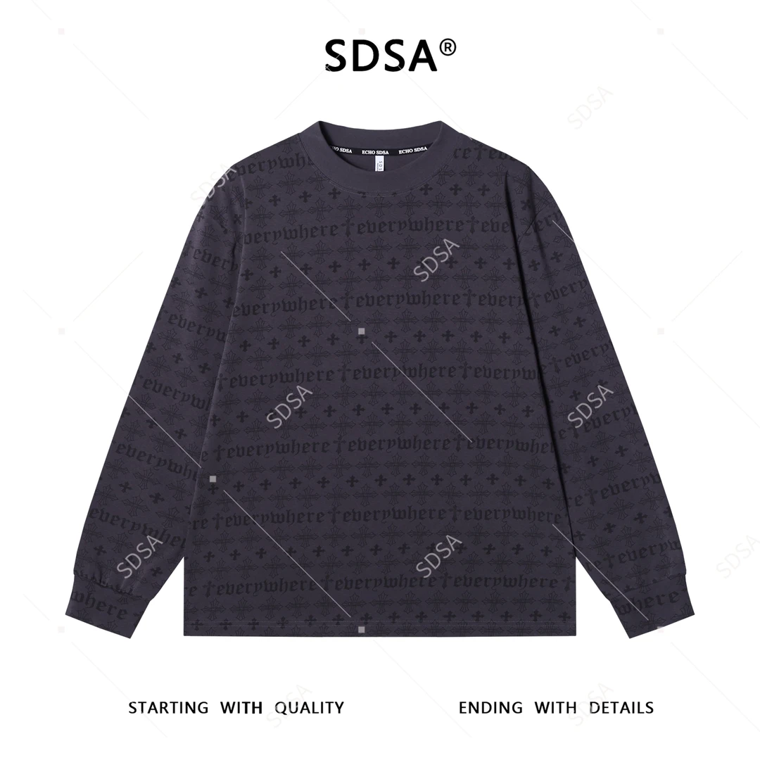 SDSA男士秋冬新款痞帅男装撞色条纹字母十字圆领长袖T恤百搭时尚