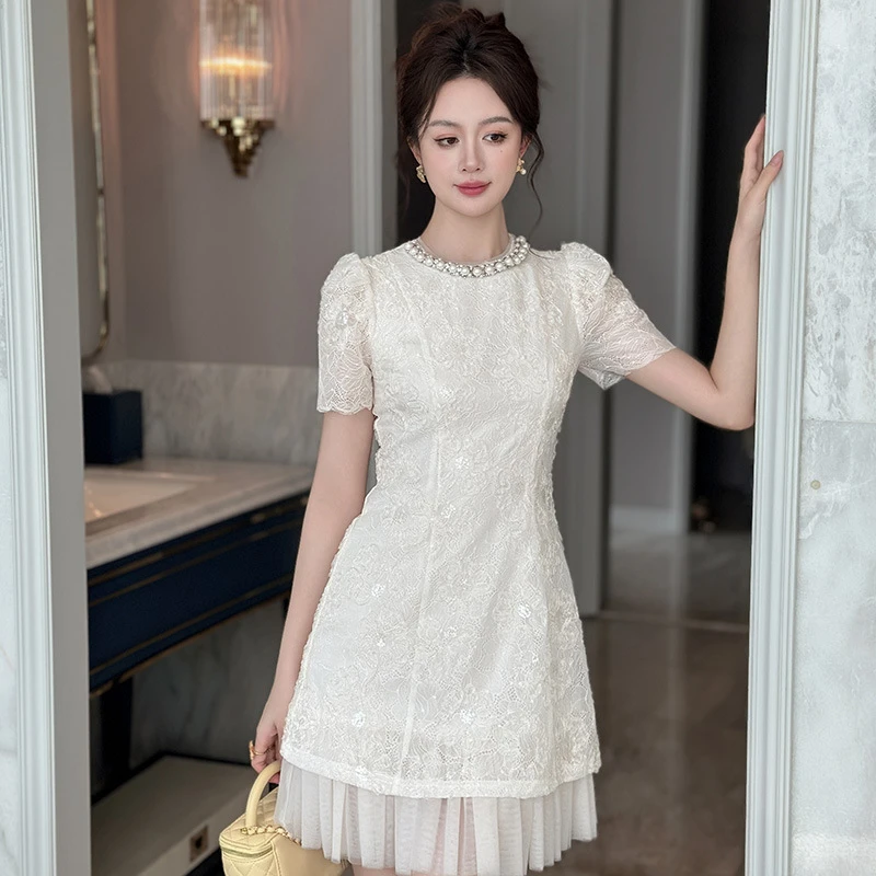 轻奢夏季新款时尚泡泡袖收腰A字裙重工拼接网纱修身连衣裙21735