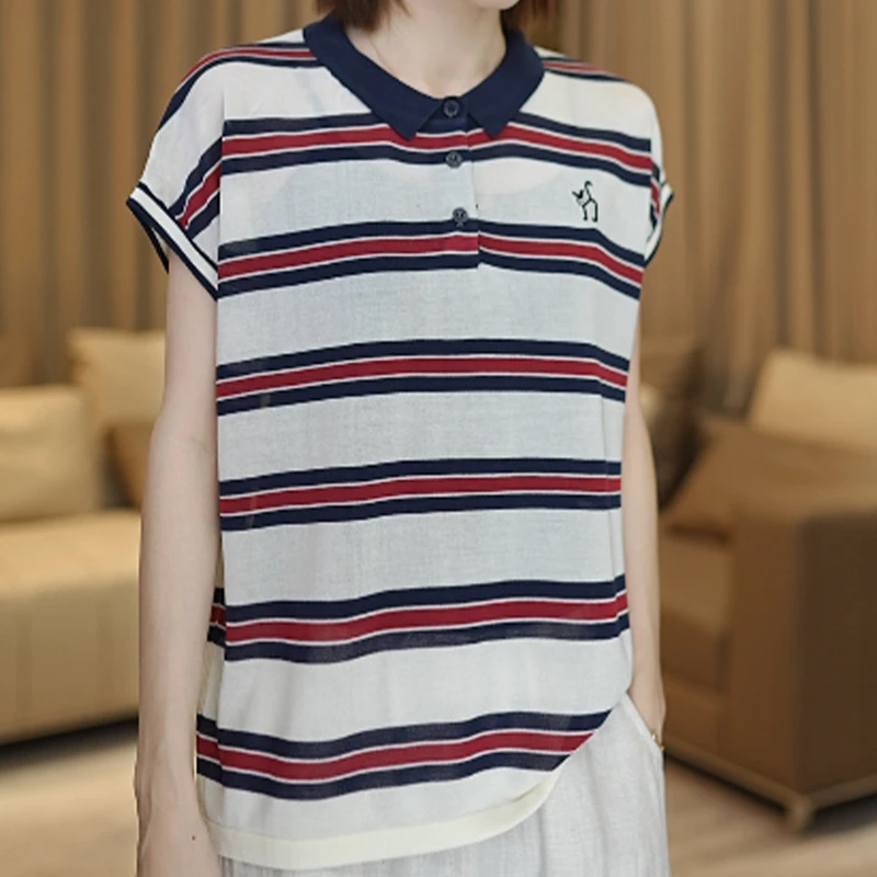 [清仓款]835112CS夏季薄款撞色条纹女装针织衫T恤