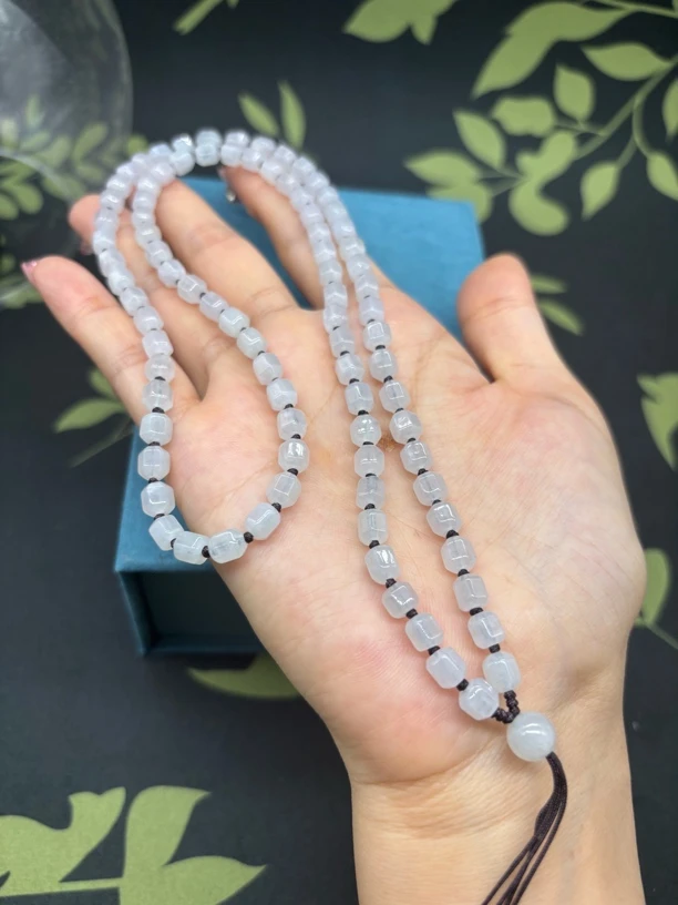 高端天然缅甸A货翡翠白冰多棱珠5mm玉石挂件绳毛衣链长链珠链百搭