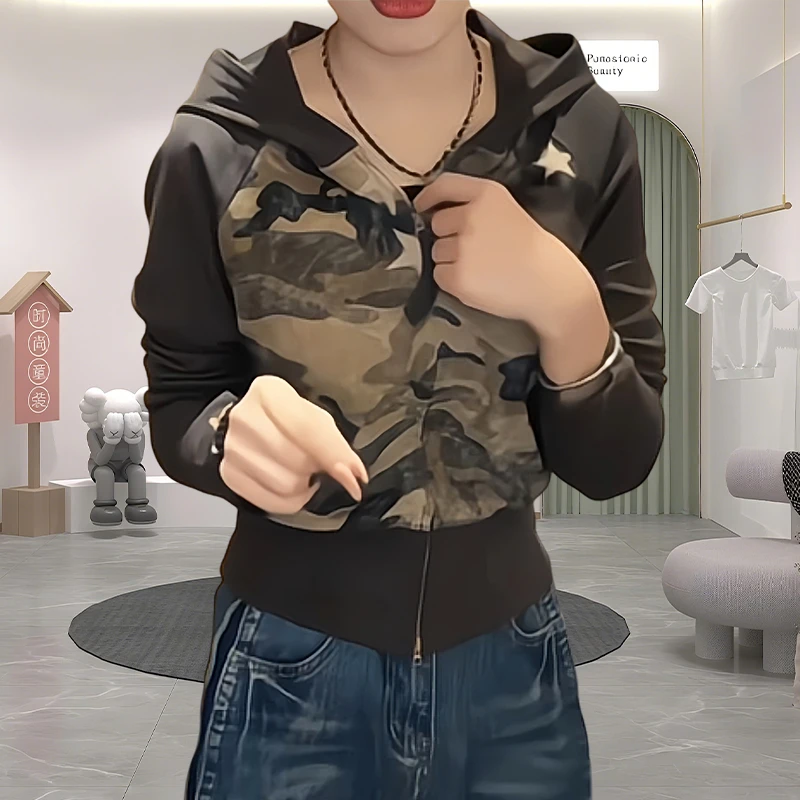 美式迷彩连帽拉链外套女欧美风春秋新款时髦复古修身显瘦开衫上衣