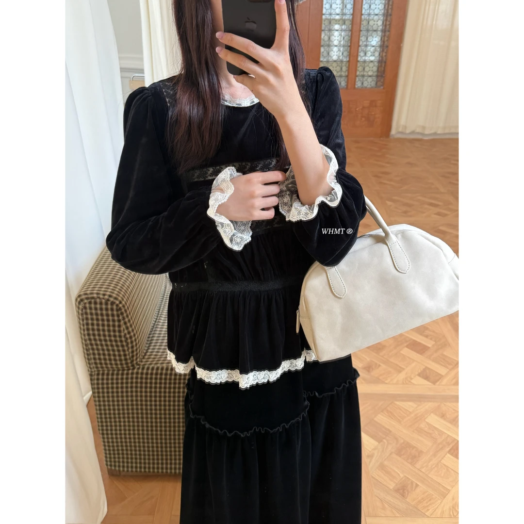 RS.WHMT-法式设计感小众蕾丝拼接浪漫丝绒别致小衫Q1621黑色上衣