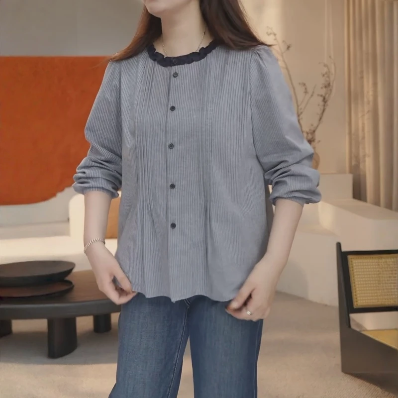 别致独特漂亮小衫2025秋冬新款洋气撞色花边条纹捏褶休闲显瘦上衣