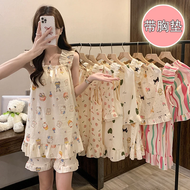 HelloKitty睡衣少女夏季甜美公主风带胸垫吊带短裤两件套装家居服