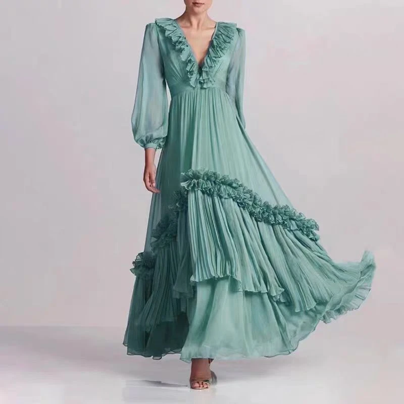 ［依易原创］欧洲站气质荷叶领不规则长裙C0608