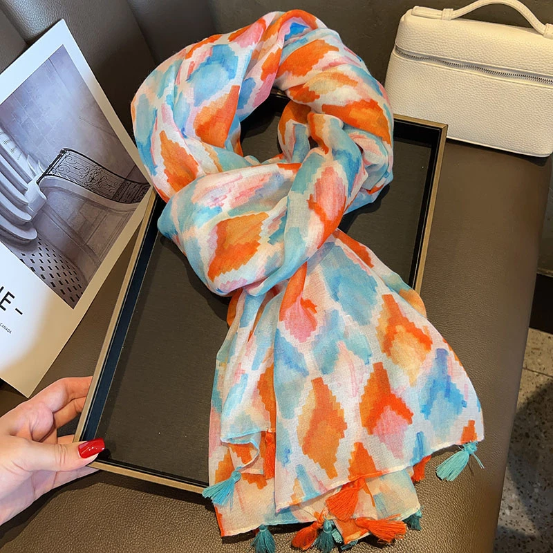 橘蓝菱形格棉麻围巾女春夏新款遮阳防晒旅游流苏显白披肩沙滩巾潮