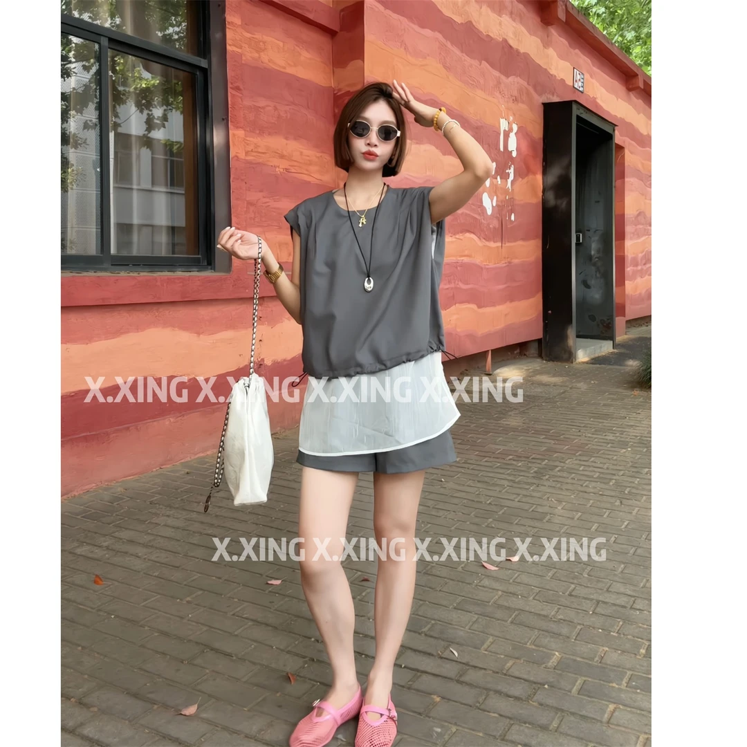 X.x.夏季新款套装拼接假两件无袖上衣短裤时尚两件套C11-5938