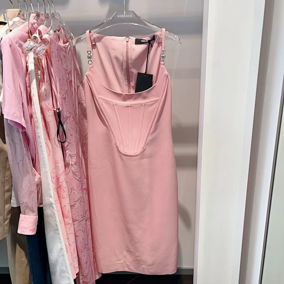 未使用 VERSACE/范思哲 女士美杜莎银扣吊带裙粉色