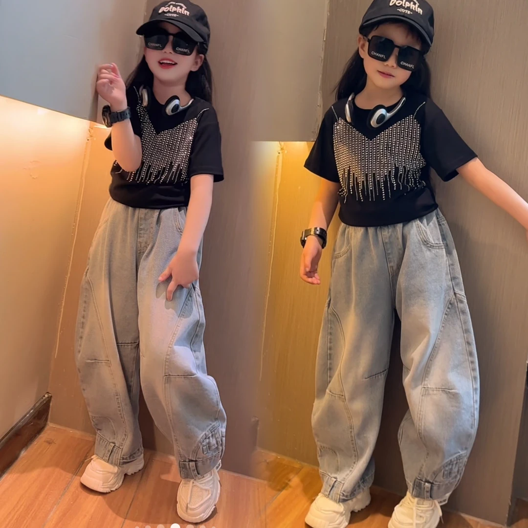 女童夏装套装中大童洋气休闲宽松短袖烫钻T恤阔腿老爹牛仔弯刀裤