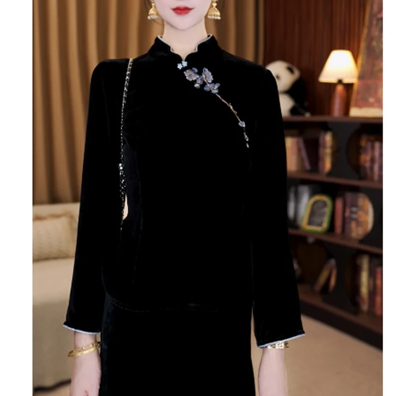 2025秋季复古上衣女秋修身新中式国风小衫时尚百搭气质休闲高级感