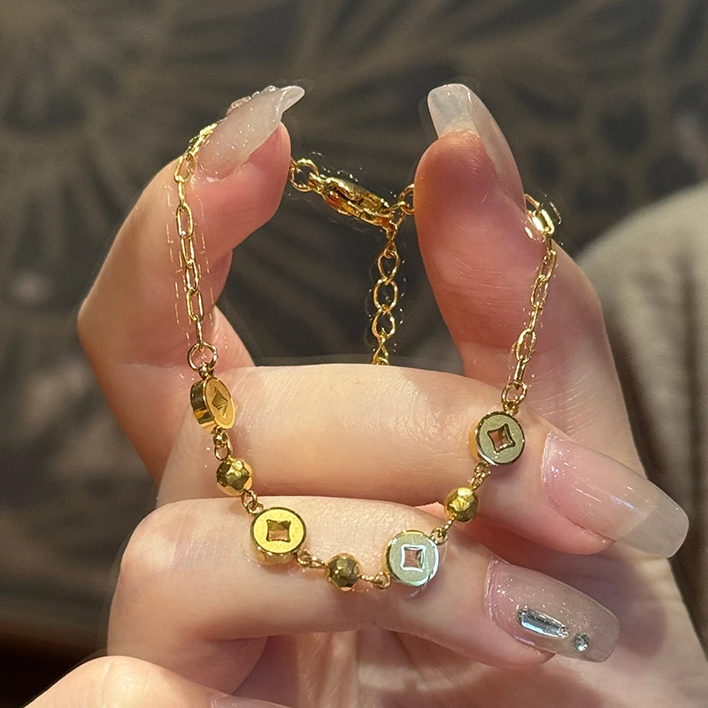 钛钢手链 轻奢高级感蹦迪珠钱币手链女ins风简约时尚手饰不褪色