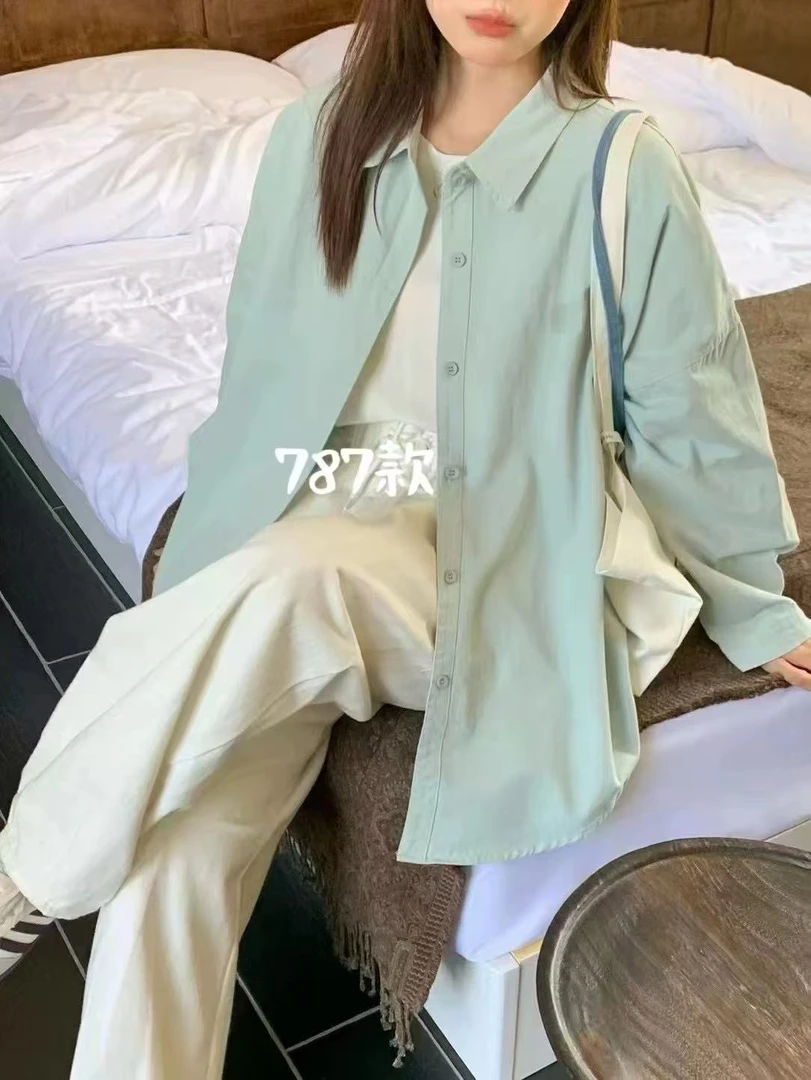 衬衫上衣衬衣长袖蓝色设计感女装春季纯色翻领秋季牛仔时尚休闲