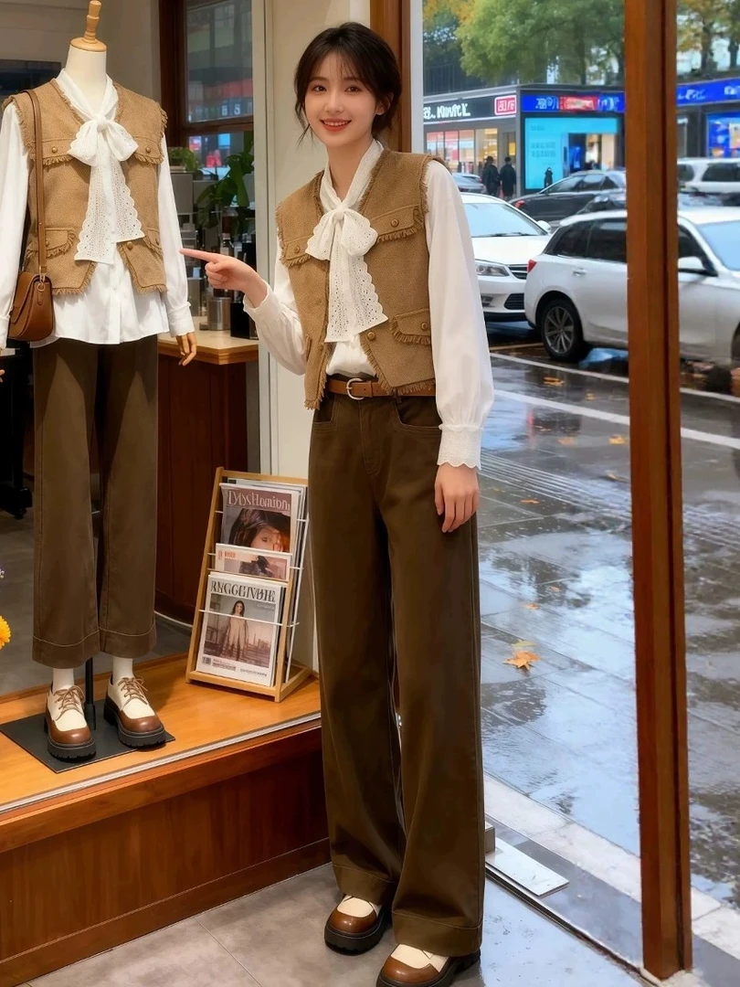 2025秋季新款穿搭一整套马甲背心衬衫阔腿裤复古叠穿巨好看套装女