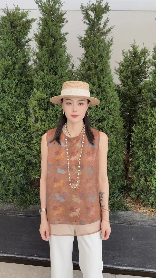 2025夏季新款国风圆领小兔子印花飞袖坎肩2328