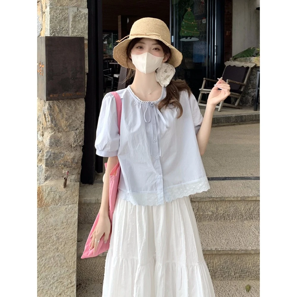 法式短款衬衫白色泡泡袖上衣显瘦洋气新款气质女短袖小众甜美女款