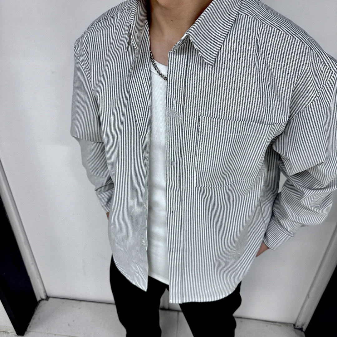 【春昂】条纹衬衫长袖国潮经典宽松外穿休闲外套时尚翻领男士