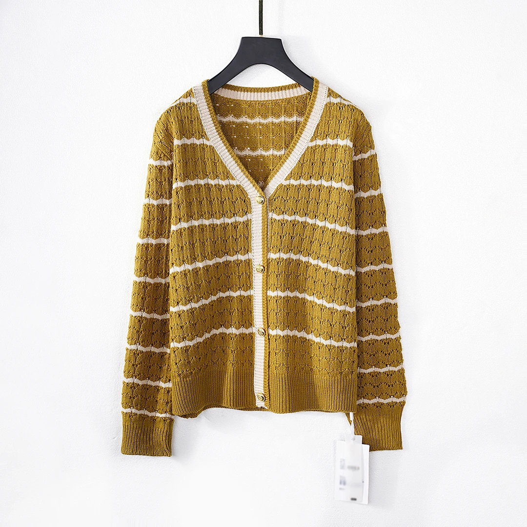 【春季新款】C8420绿色韩版设计感潮流气质时尚休闲条纹百搭针织衫