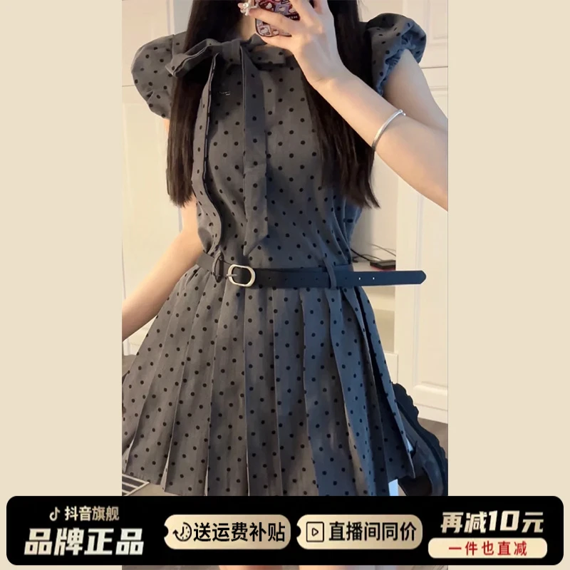 2025新款韩系灰色波点泡泡袖连衣裙子女夏季小众设计收腰a字短裙