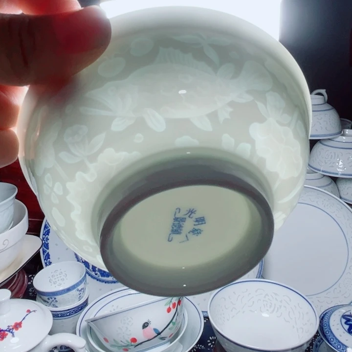 青花玲珑5寸饭碗鱼藻纹