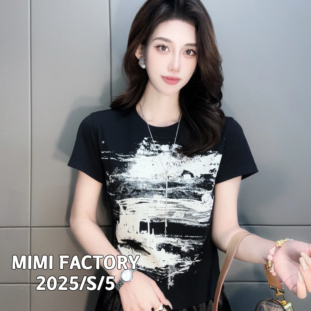 2025夏季新款 欧货几何印花短袖T恤女修身显瘦时尚百搭5094#