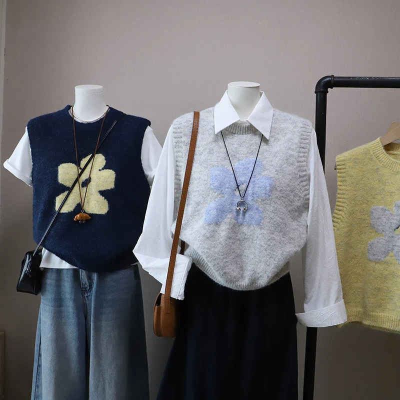 [比正]2026早春新款韩版圆领提花减龄百搭套头针织马甲背心女5837