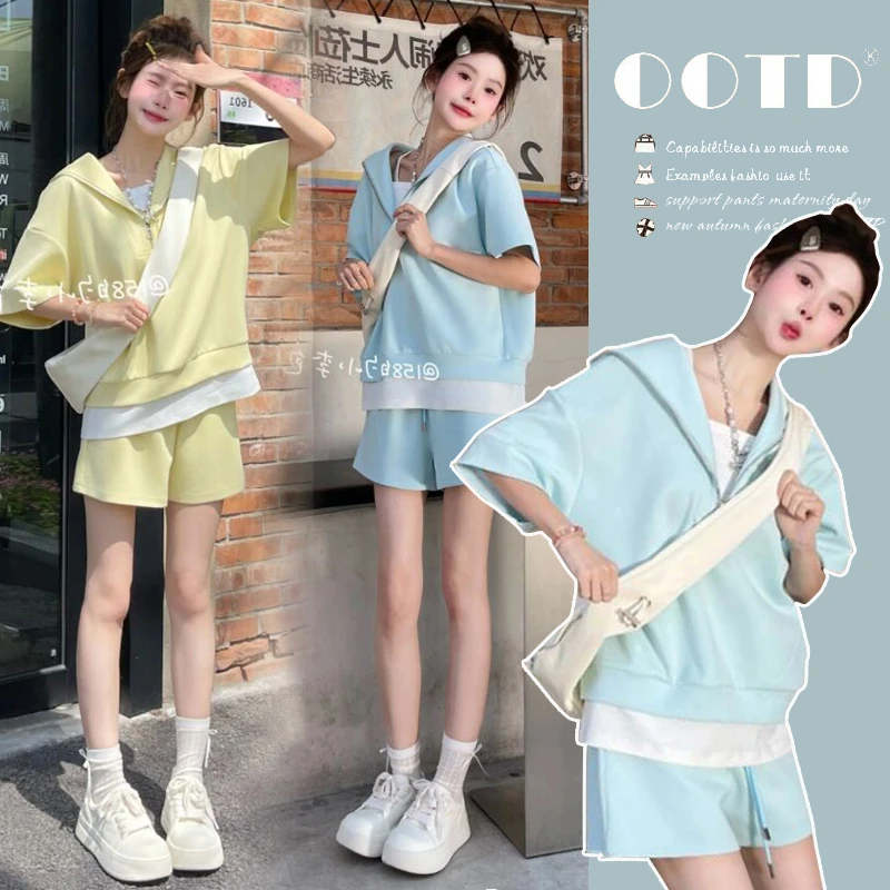 2025夏季孕妇针织冰丝休闲运动套装假两件小个子减龄阔腿短裤套装