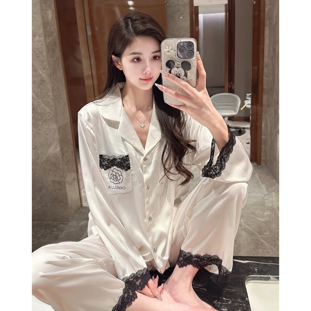 春夏季法式冰丝睡衣女士蕾丝花边长袖套装真丝绸山茶花高级家居服