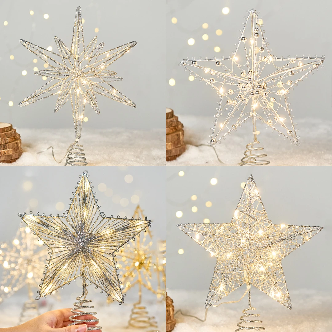 圣诞树顶部发光LED铁艺五角星星灯圣诞节装饰品道具网红氛围布置