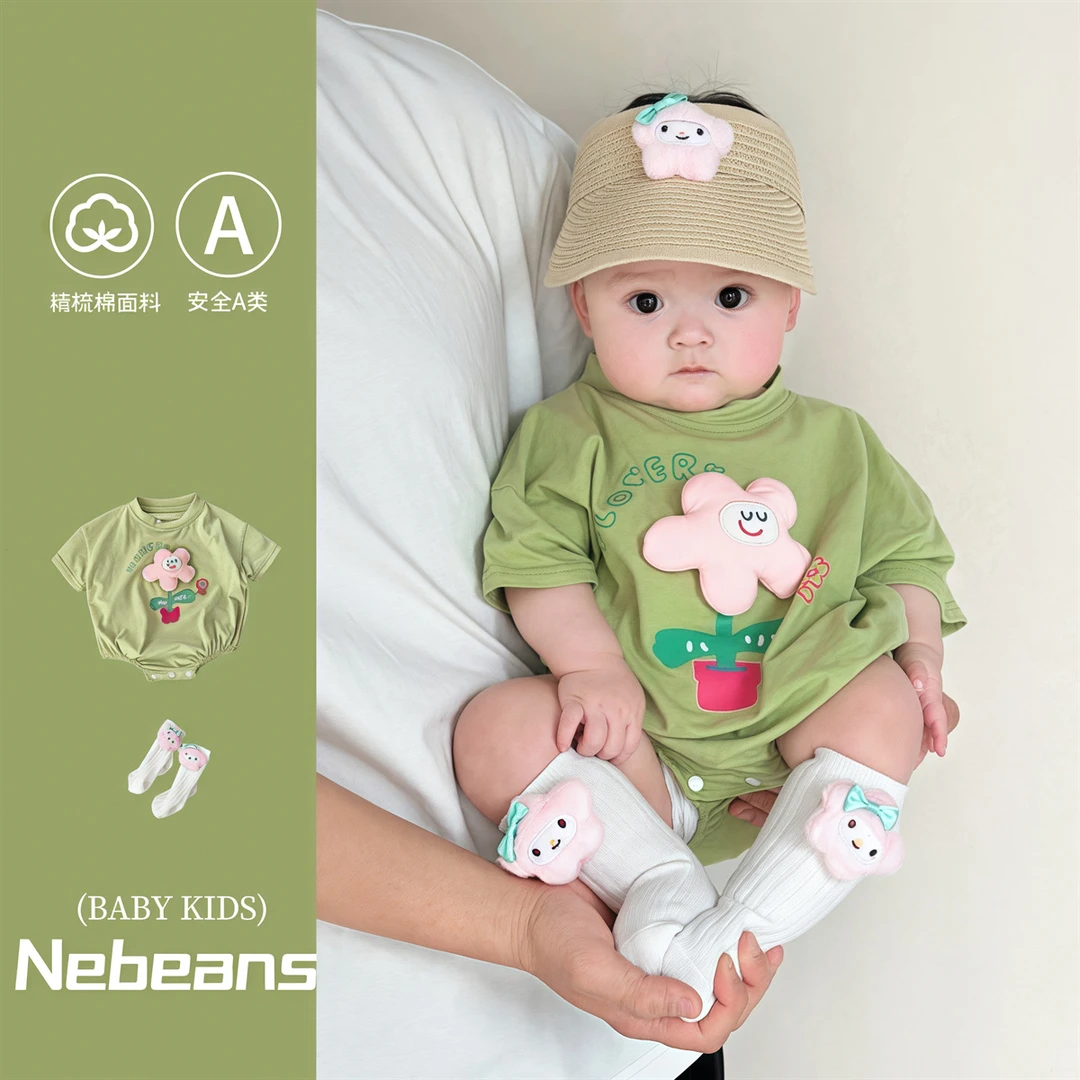 3-6-9-12夏天凉爽棉质柔软三角包屁衣 立体小花花女宝宝哈衣套装