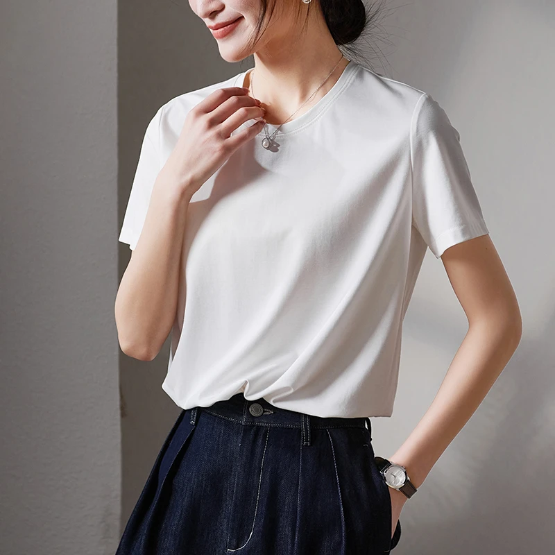 索菲丝尔含桑蚕丝基础款圆领短袖T恤女2025夏季休闲上衣527099