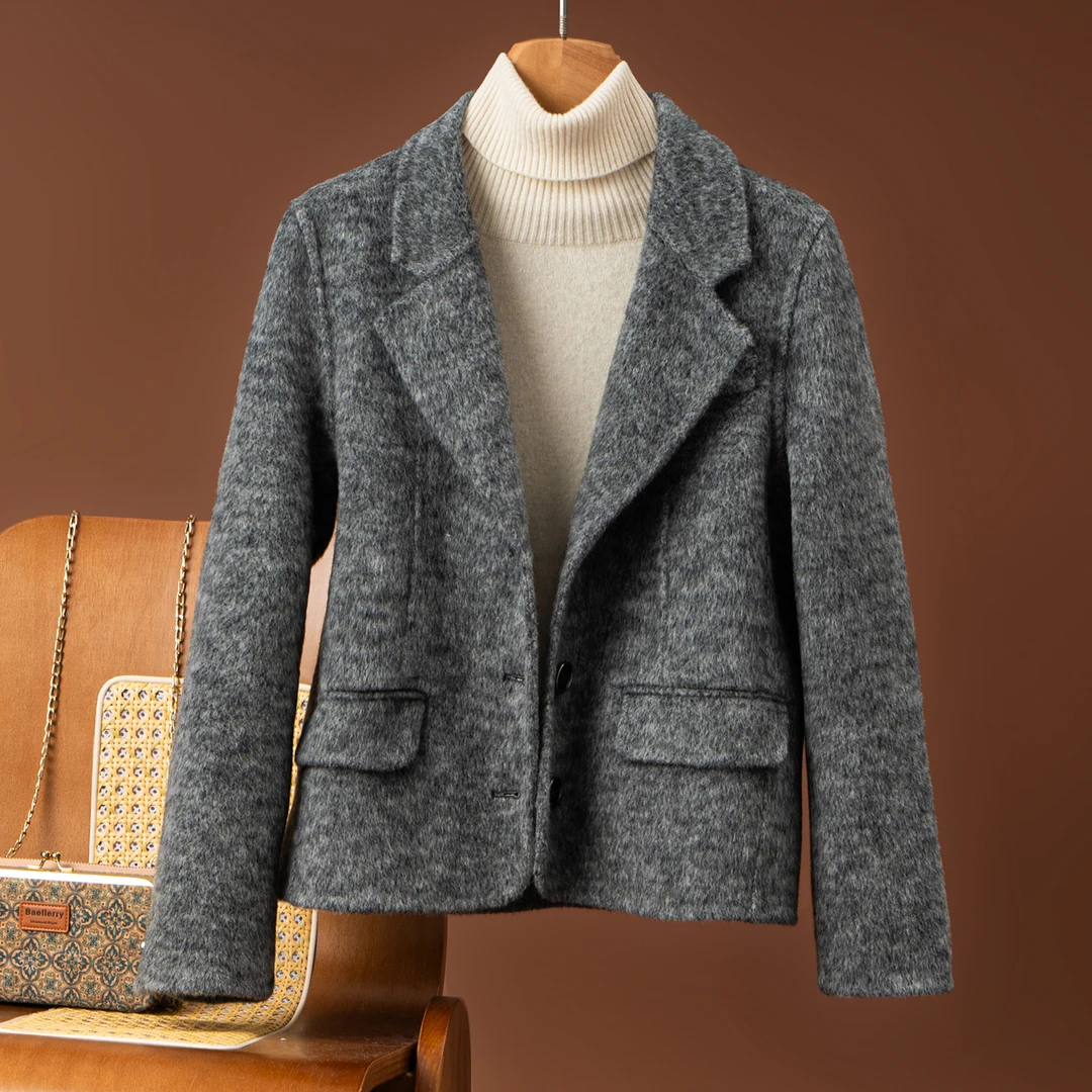 秋冬新款双面羊毛大衣女西装领小香风短款修身小个子羊毛呢子外套