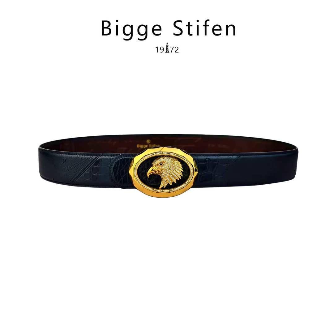 Bigge Stifen/比格•史帝芬高奢鹰头扣湾鳄拼鸵鸟打孔男士腰带镶钻