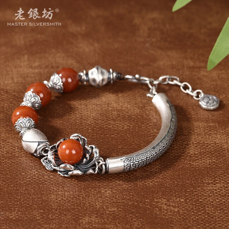 花丝南红牡丹手链 S925银回纹弯管 品质珠宝 0033783