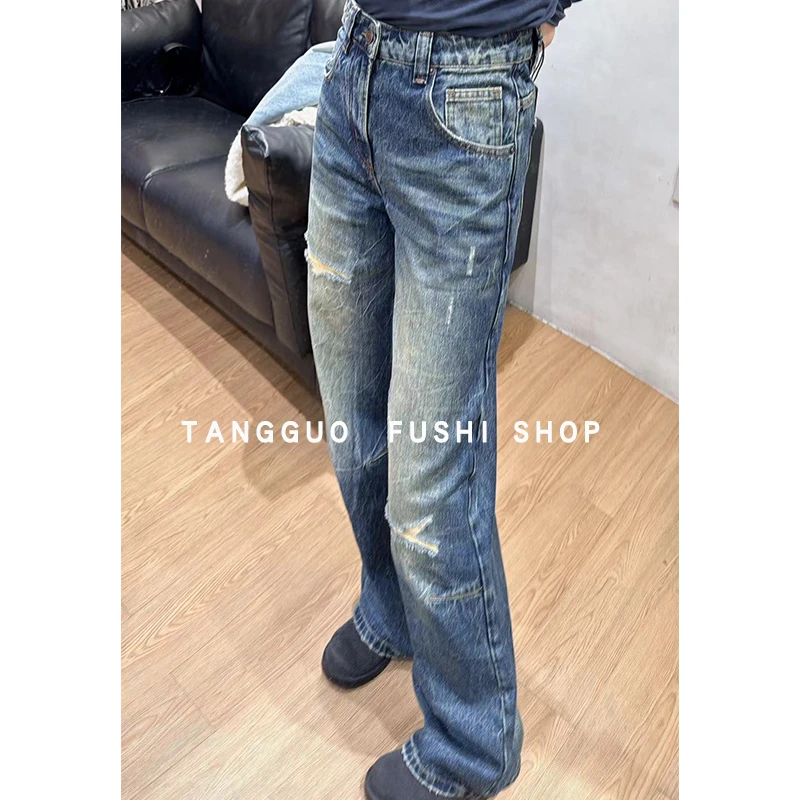 【单裤】无弹『工装风』水洗打磨破洞阔腿牛仔裤蓝色宽松时尚