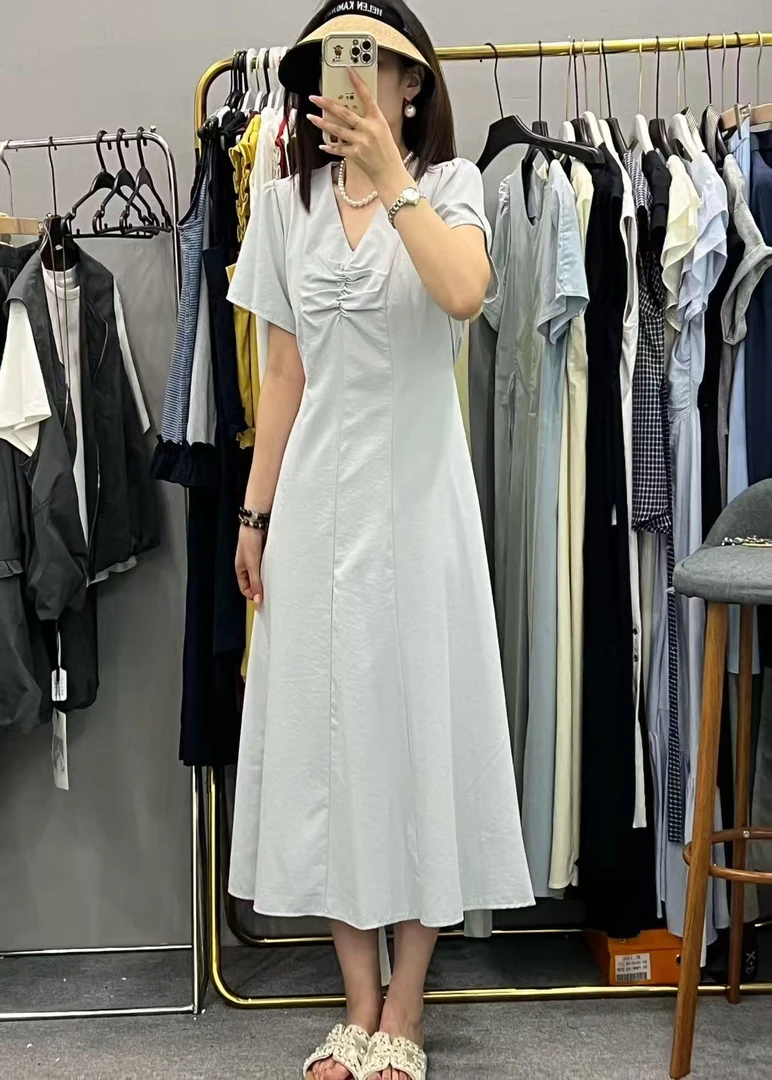 气质法式V领褶皱系带收腰长裙女夏季高级感显瘦连衣裙子