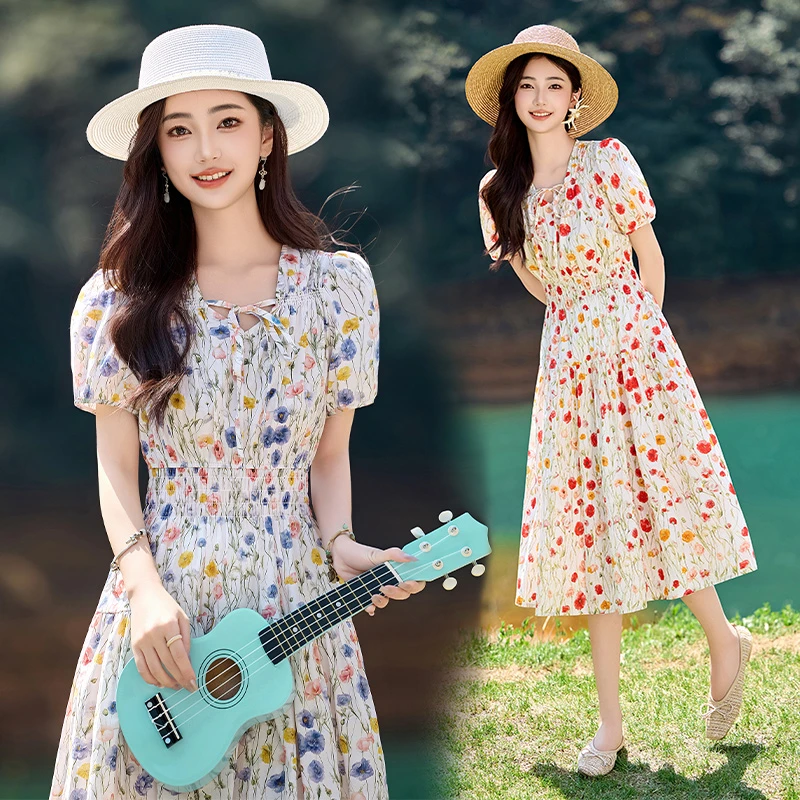 时尚法式碎花连衣裙碎花连衣裙泡泡袖夏季遮肚中长款修身韩版