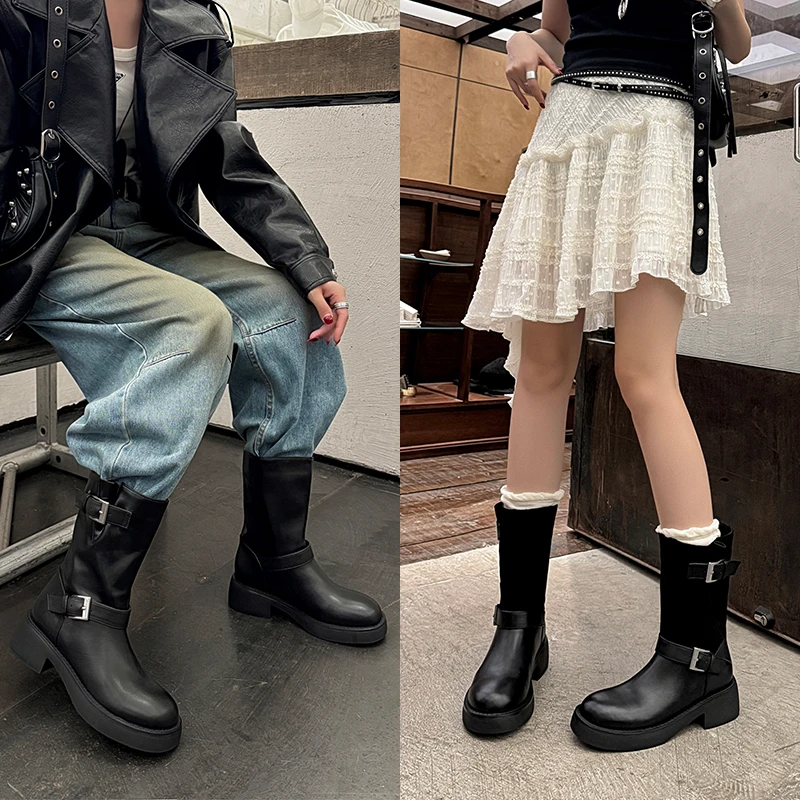 【青南兮】2025新款皮带扣中筒靴圆头厚底显瘦宽筒西部牛仔骑士靴