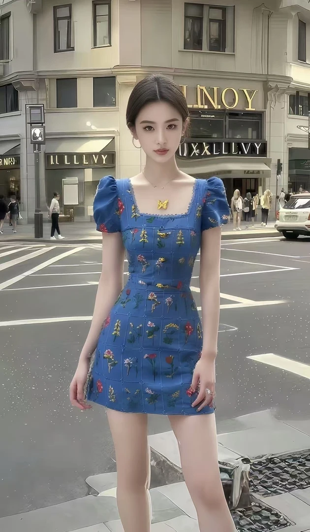 气质辣妹风蓝色碎花方领短袖修身收腰设计感连衣裙时尚氛围感短裙