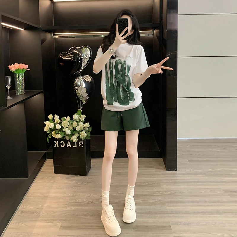 2025夏新款简约运动套装女气质显瘦休闲宽松短袖阔腿裤短裤两件套