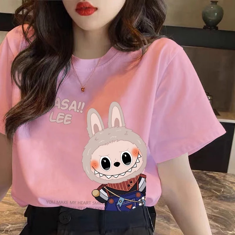 粉色纯棉短袖t恤女2025新款夏季labubu马卡龙卡通学生宽松上衣潮