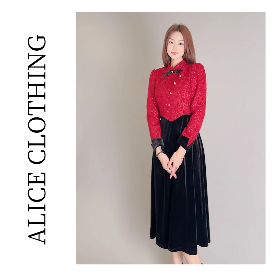 1alicelulu “新年战袍”礼服连衣裙 璀璨烫钻 国风盘扣 S2136641W