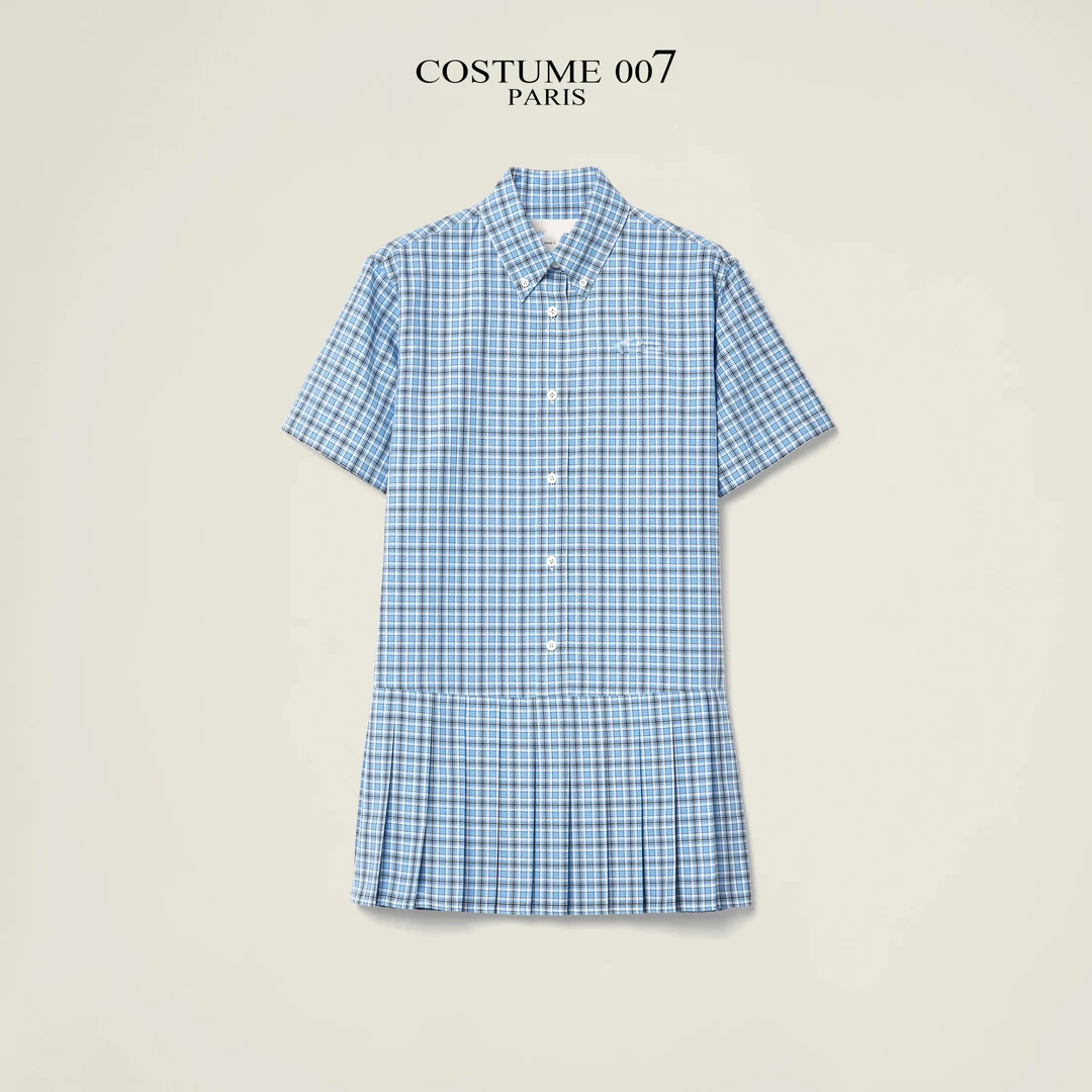 COSTUME007 （张元英同款）刺绣loge褶裥格纹府绸质感百褶连衣裙