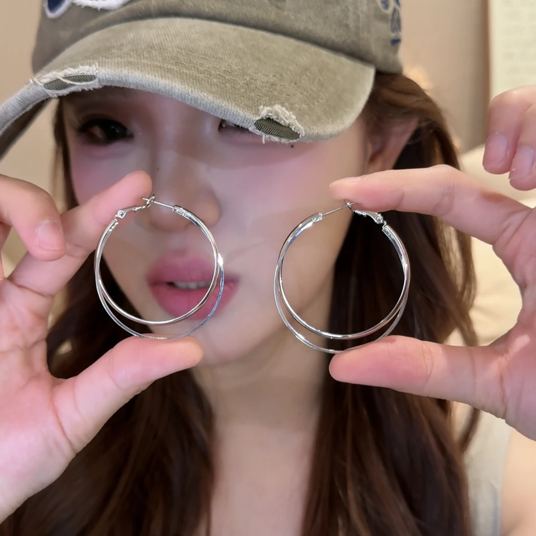 铜合金耳饰 多层素圈耳环爆款高级感夸张耳圈显脸小耳饰耳钉女