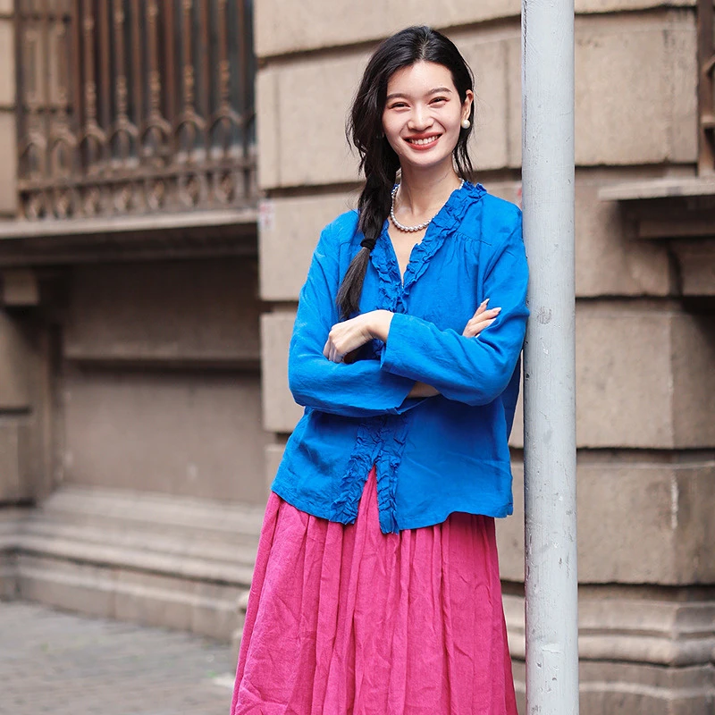 489朵/干洗亚麻木耳边门襟设计感秋季衬衫女长袖上衣