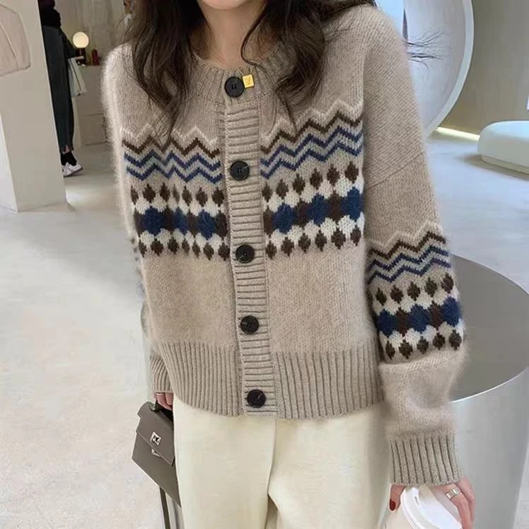 秋冬复古提花羊毛开衫气质拼色百搭外穿毛衣开衫时尚宽松针织开衫